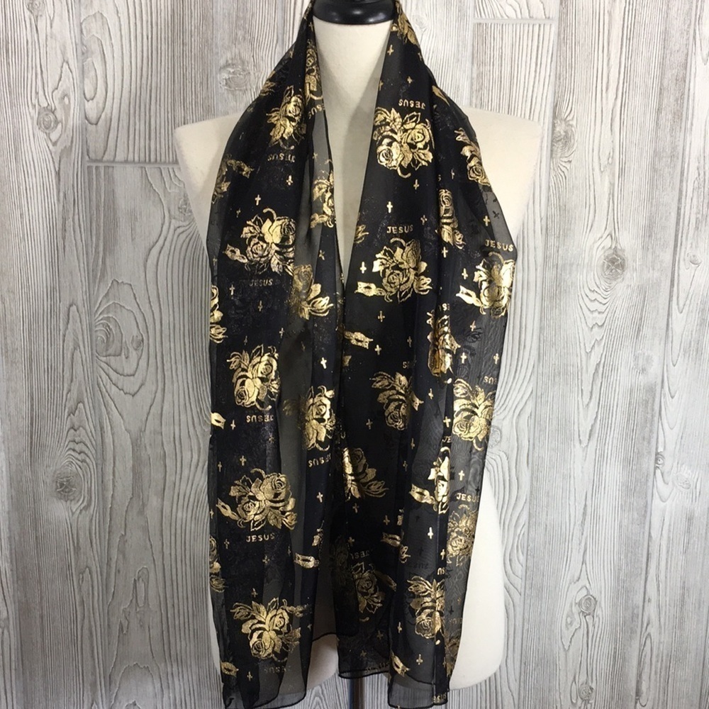 Vintage Gold Metallic Rose Cross Jesus Sheer Scarf Black Chiffon Church Goth